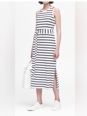 Banana Republic Black White Striped Soft Ponte Belted Sleeveless Midi Dress
